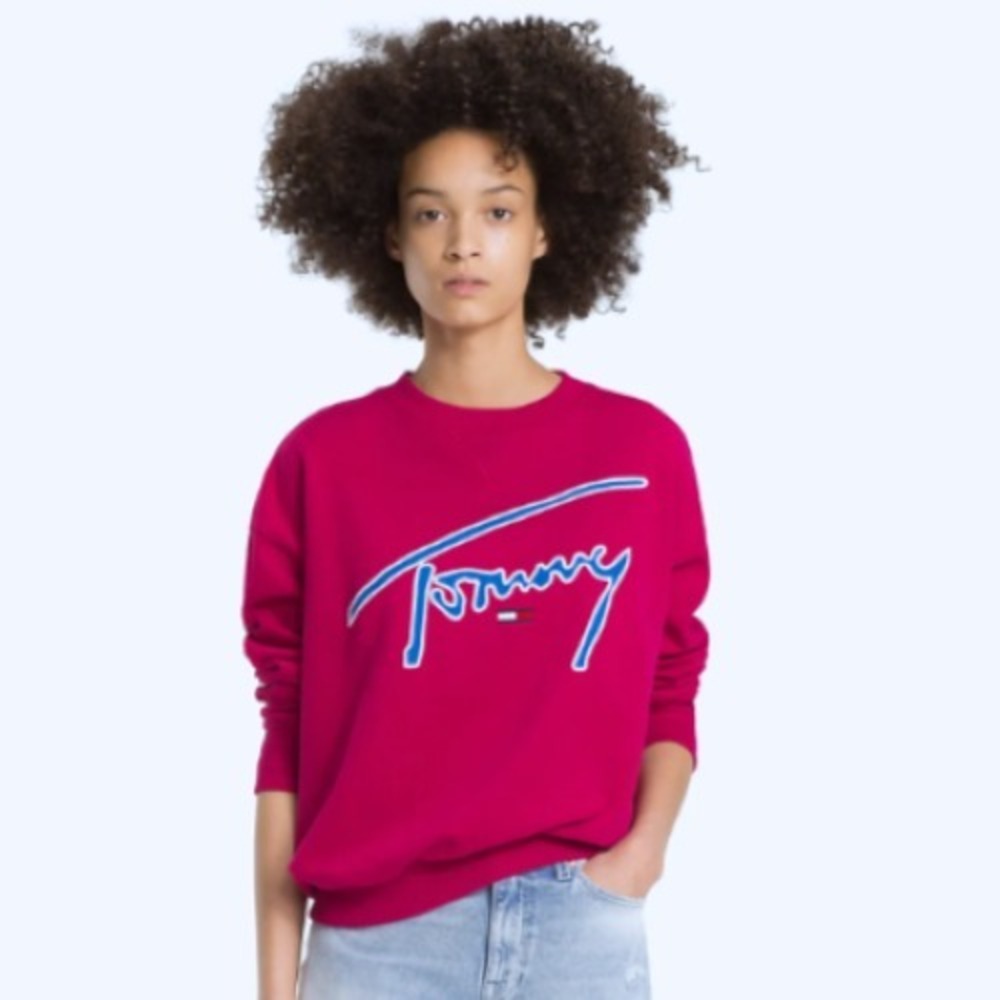 Tommy Jeans Xplore Signature Sweatshirt, Size Small, Cotton Deep Berry Pink Y2K